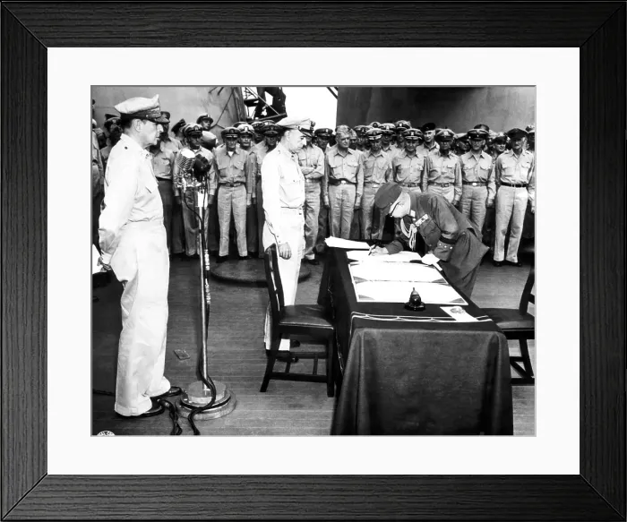 Framed Print : EV1943 - General Yoshira Umez signs surrender of the Japanese Imperial army during ceremonies on the USS Missouri, September 4, 1945. U.S Framed Print : EV1943 - General Yoshira Umez signs surrender of the Japanese Imperial army during ceremonies on the USS Missouri, September 4, 1945. U.S