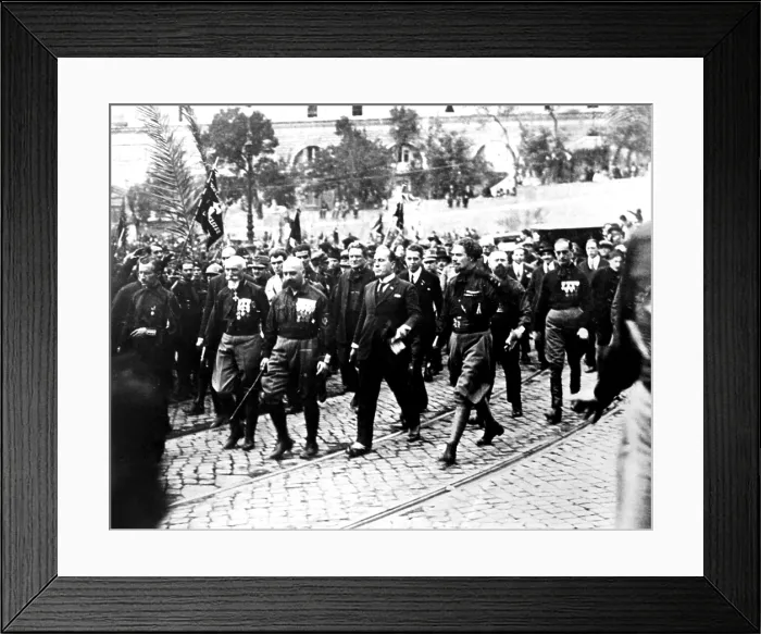 Framed Print : ROME, ITALY--Followed by his black-shirted Facists--40, 000 strong-- Benito Mussolini (center) marches on Rome October 29, 1922, to being a 21-year-long dictatorship of Italy