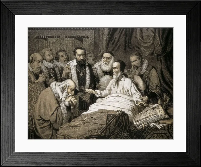 Framed Print : CALVIN, John (1509-1564). Last moments of Calvin. Litography. AISA / Everett Collection**US SALES ONLY**