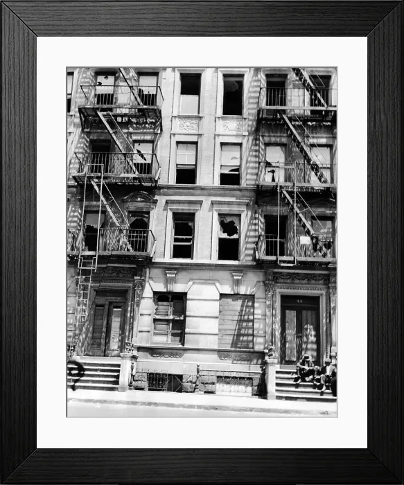 Framed Print : Derelict apartment buildings in New York's Harlem. Even with the post-war housing shortage, many apartment buildings were abandoned and burned out