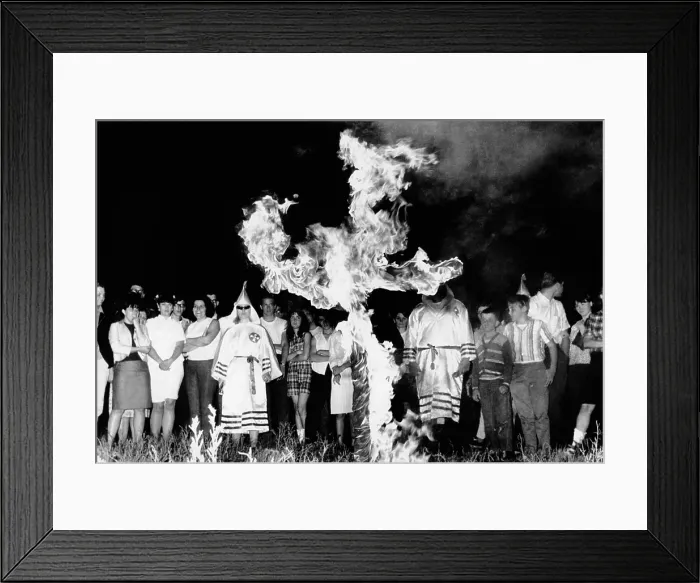 Framed Print : Ku Klux Klan cross burning ceremony, Upper Marlboro, Maryland. Seven members of the group, dressed in their robes, paraded about the cross for than 150 spectators. May 13, 1966