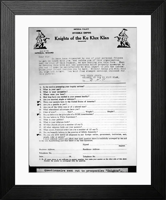Framed Print : Questionnaire sent out to prospective members of the Ku Klux Klan. 1921. (CSU_ALPHA_1187) CSU Archives / Everett Collection
