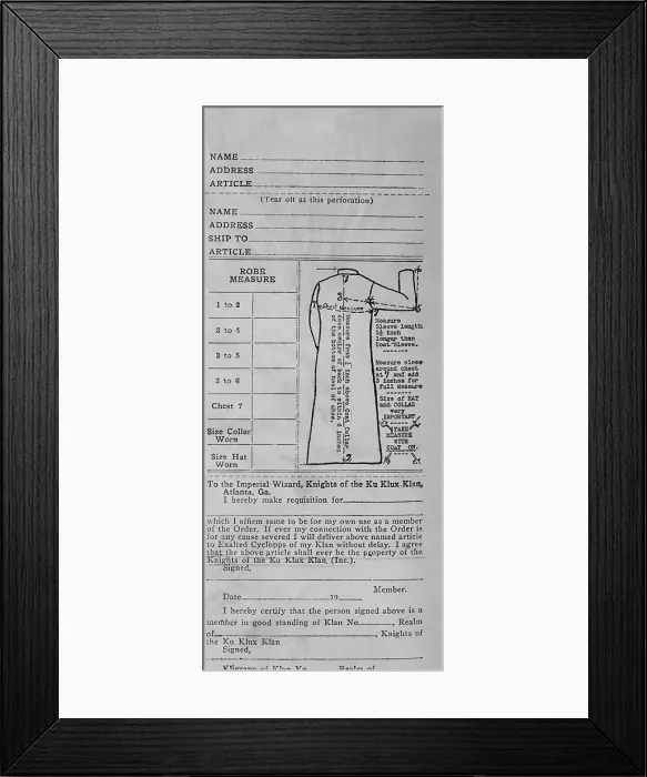 Framed Print : Order form for a $6.50 Ku Klux Klan uniform