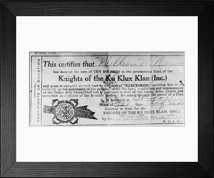 Framed Print : Ku Klux Klan certificate of membership made out to William W. Newman, one of those captured on Ku Klux Klan raid. Aug. 26, 1921. (CSU_ALPHA_1189) CSU Archives / Everett Collection