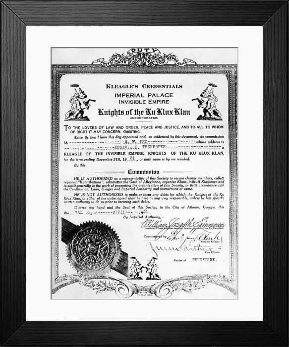 Framed Print : A certificate of membership and position within the KKK, in Illinois, April 20, 1921. (CSU_ALPHA_1190) CSU Archives / Everett Collection