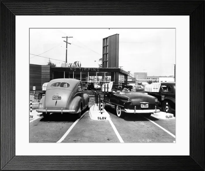 Framed Print : EV1917 - Drive-in restaurant The Track, Los Angeles, CA, July 10, 1948. Courtesy: CSU Archives / Everett Collection Framed Print : EV1917 - Drive-in restaurant The Track, Los Angeles, CA, July 10, 1948. Courtesy: CSU Archives / Everett Collection