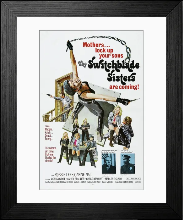 Framed Print : SWITCHBLADE SISTERS, (aka The Jezebels), US poster, Monica Gayle (front left), Robbie Lee (top), 1975 Framed Print : SWITCHBLADE SISTERS, (aka The Jezebels), US poster, Monica Gayle (front left), Robbie Lee (top), 1975