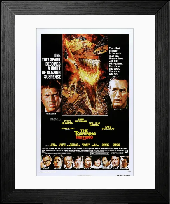 Framed Print : THE TOWERING INFERNO, US poster art, top from left: Steve McQueen, Paul Newman; bottom from left: William Holden, Faye Dunaway, Fred Astaire, Susan Blakely, Richard Chamberlain