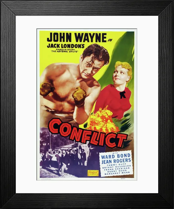 Framed Print : CONFLICT, from left: John Wayne, Jean Rogers on 1949 reissue poster, 1936 Framed Print : CONFLICT, from left: John Wayne, Jean Rogers on 1949 reissue poster, 1936