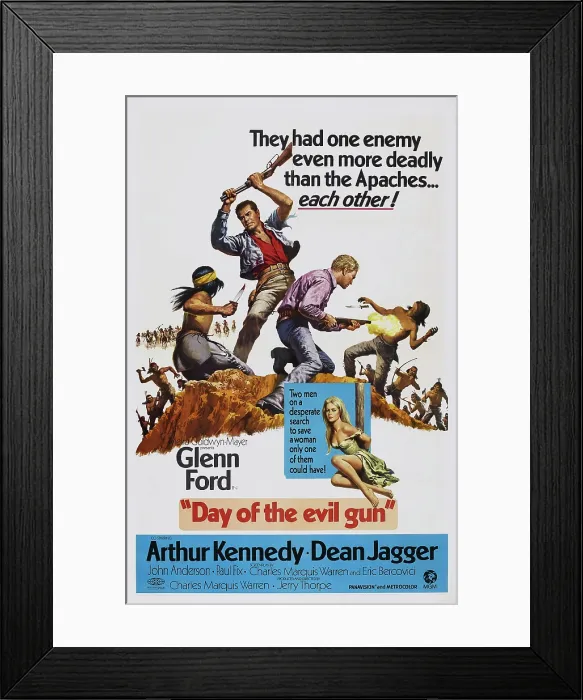Framed Print : DAY OF THE EVIL GUN, US poster art, top: Glenn Ford, bottom: Pilar Pellicer, 1968 Framed Print : DAY OF THE EVIL GUN, US poster art, top: Glenn Ford, bottom: Pilar Pellicer, 1968