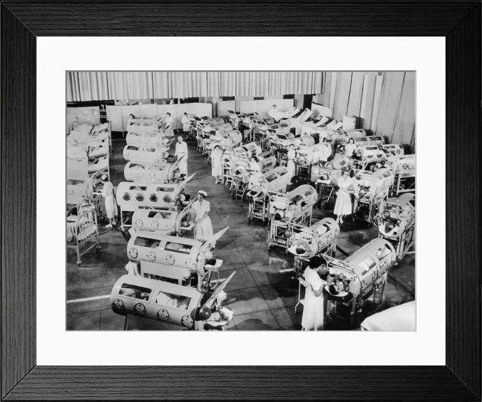 Framed Print : Nurse attend to a room full of polio patients in iron lung respirators. Rancho Los Amigos Respirator Center, Hondo, California. 1953