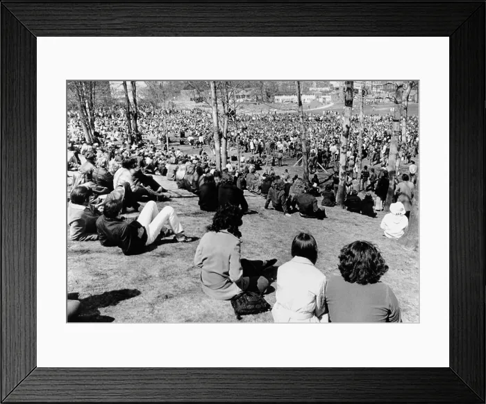 Framed Print : Memorial Services at Kent State University. 5, 000 students who gathered on hillside below Taylor Hall where 4 students were killed by National Guardsmen a year earlier