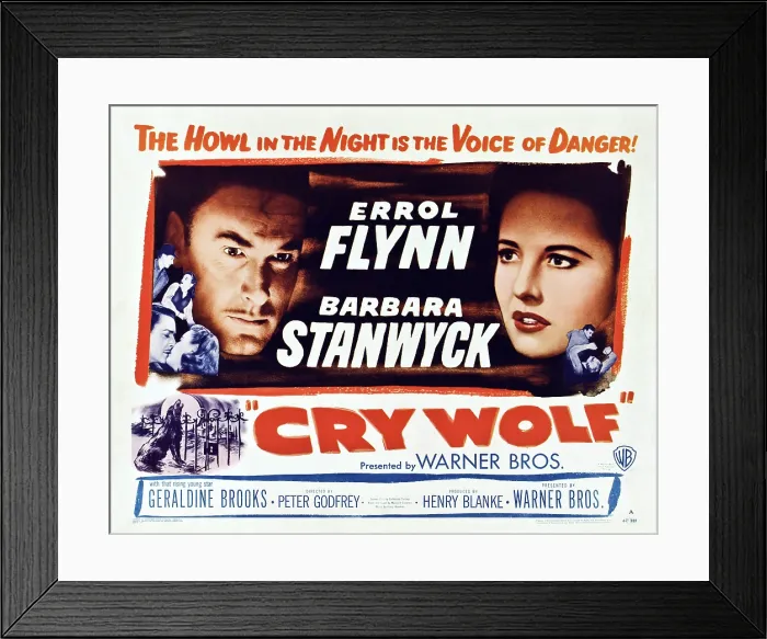 Framed Print : CRY WOLF, US lobbycard, from left: Errol Flynn, Barbara Stanwyck, 1947