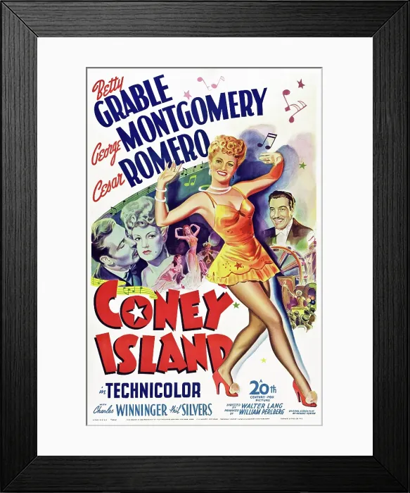 Framed Print : CONEY ISLAND, US poster art, Betty Grable (center), George Montgomery (left), Cesar Romero (r.), 1943, TM and Copyright 20th Century Fox Film Corp Framed Print : CONEY ISLAND, US poster art, Betty Grable (center), George Montgomery (left), Cesar Romero (r.), 1943, TM and Copyright 20th Century Fox Film Corp