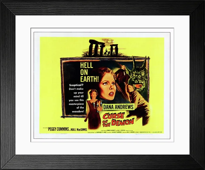 Framed Print : NIGHT OF THE DEMON, (aka CURSE OF THE DEMON), from left: Peggy Cummins, Niall MacGinnis, Dana Andrews on poster art, 1957 Framed Print : NIGHT OF THE DEMON, (aka CURSE OF THE DEMON), from left: Peggy Cummins, Niall MacGinnis, Dana Andrews on poster art, 1957