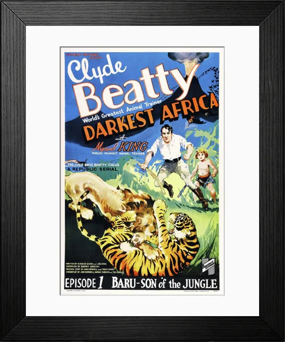 Framed Print : DARKEST AFRICA, US poster art, from left: Clyde Beatty, Manuel King in Episode 1: Baru-Son of the Jungle, 1936