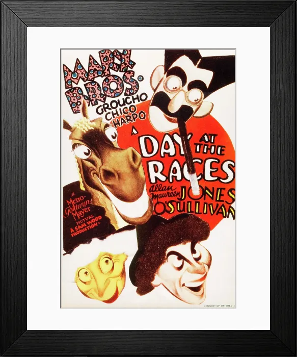 Framed Print : A DAY AT THE RACES, The Marx Brothers clockwise from top: Groucho Marx, Chico Marx, Harpo Marx on mini window card, 1937 Framed Print : A DAY AT THE RACES, The Marx Brothers clockwise from top: Groucho Marx, Chico Marx, Harpo Marx on mini window card, 1937