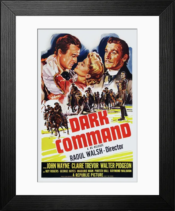 Framed Print : DARK COMMAND, from left: John Wayne, Claire Trevor, Walter Pidgeon on 1952 reissue poster, 1940