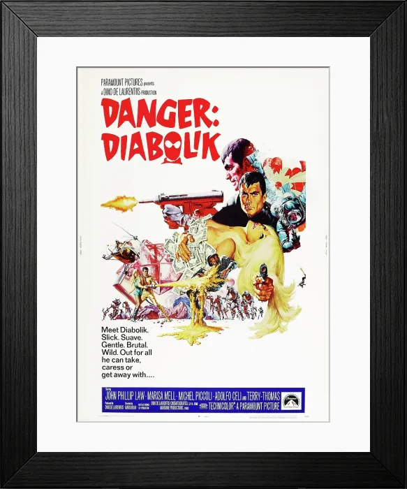 Framed Print : DANGER: DIABOLIK, (aka DIABOLIK), US poster art, John Phillip Law, Marisa Mell, 1968 Framed Print : DANGER: DIABOLIK, (aka DIABOLIK), US poster art, John Phillip Law, Marisa Mell, 1968
