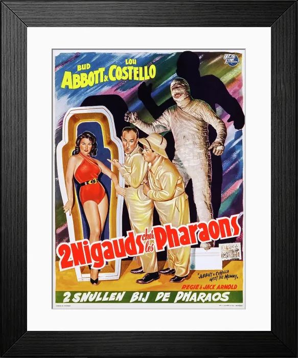 Framed Print : ABBOTT AND COSTELLO MEET THE MUMMY (aka 2 NIGAUDS CHET LES PHARAONS), center: Bud Abbott, right of center: Lou Costello on Belgian poster art, 1955