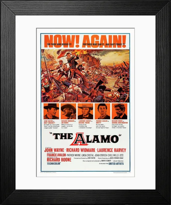 Framed Print : THE ALAMO, top: John Wayne, bottom from left: John Wayne, Richard Widmark, Laurence Harvey, Frankie Avalon, Richard Boone on 1967 reissue poster, 1960