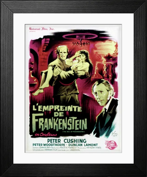 Framed Print : THE EVIL OF FRANKENSTEIN (aka L'EMPREINTE DE FRANKENSTEIN), left: Kiwi Kingston, far right: Peter Cushing on French poster art, 1964 Framed Print : THE EVIL OF FRANKENSTEIN (aka L'EMPREINTE DE FRANKENSTEIN), left: Kiwi Kingston, far right: Peter Cushing on French poster art, 1964