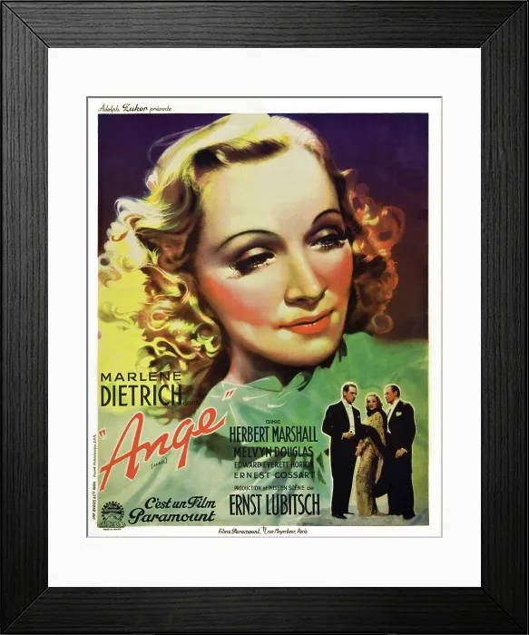 Framed Print : ANGEL (aka ANGE), top: Marlene Dietrich, bottom from left: Melvyn Douglas, Marlene Dietrich, Herbert Marshall on French poster art, 1937 Framed Print : ANGEL (aka ANGE), top: Marlene Dietrich, bottom from left: Melvyn Douglas, Marlene Dietrich, Herbert Marshall on French poster art, 1937