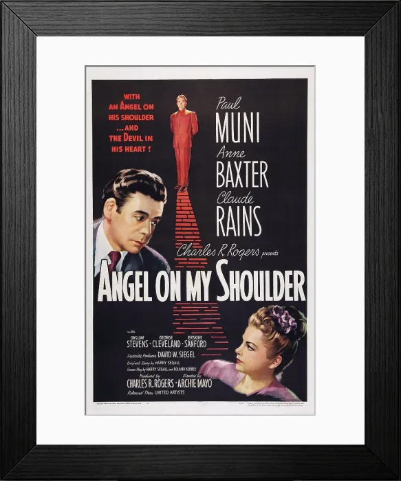 Framed Print : ANGEL ON MY SHOULDER, US poster art, from left: Paul Muni, Claude Rains, Anne Baxter, 1946