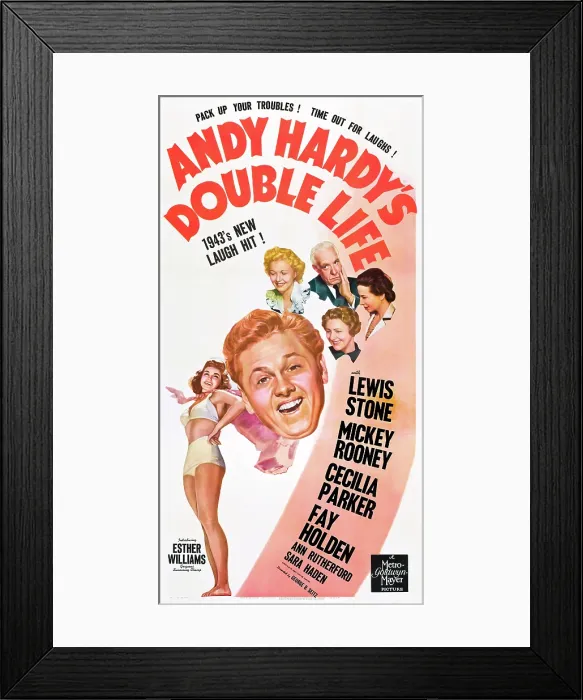 Framed Print : ANDY HARDY'S DOUBLE LIFE, from lower left: Esther Williams, Mickey Rooney, Cecilia Parker, Lewis Stone, Fay Holden, Sara Haden on poster art, 1942 Framed Print : ANDY HARDY'S DOUBLE LIFE, from lower left: Esther Williams, Mickey Rooney, Cecilia Parker, Lewis Stone, Fay Holden, Sara Haden on poster art, 1942