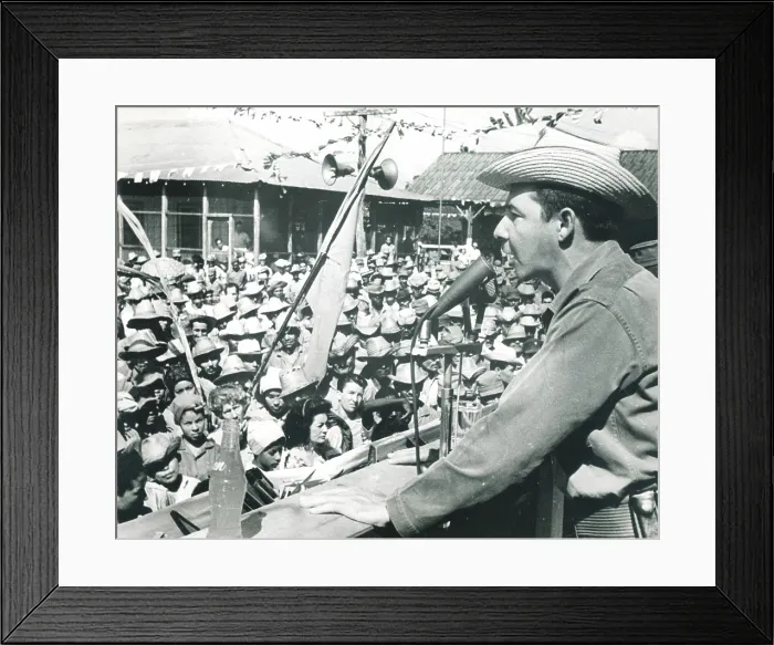 Framed Print : FIDEL CASTRO's brother RAUL CASTRO speaking as Minister of the Revolutionary Armed Forces to sugar refinery workers, urging them to increase the production of the cane crop