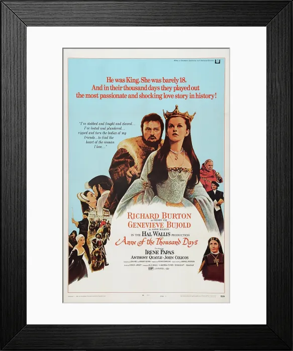 Framed Print : ANNE OF THE THOUSAND DAYS, US poster art, from left, Richard Burton, Genevieve Bujold, Irene Papas, 1969