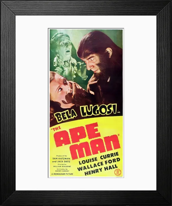 Framed Print : THE APE MAN, from left: Louise Currie, Minerva Urecal, Bela Lugosi on poster art, 1943