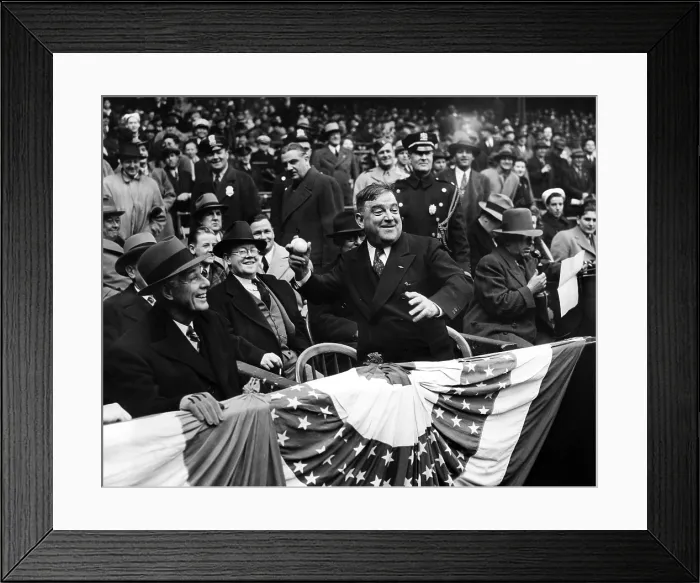 Framed Print : New York Mayor Fiorello LaGuardia (foreground center), throwing the first ball of the 1943 baseball season into the field, Yankee Stadium, New York, April 22, 1943