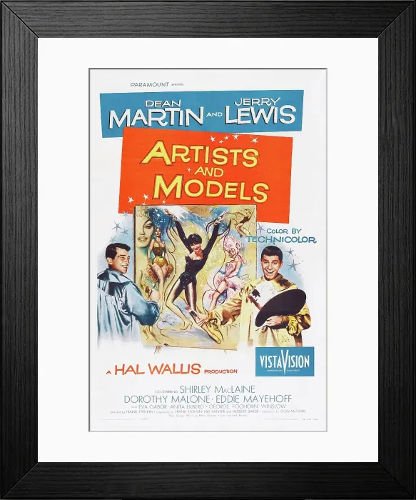 Framed Print : ARTISTS AND MODELS, US poster art, from left: Dean Martin, Shirley MacLaine, Jerry Lewis, 1955