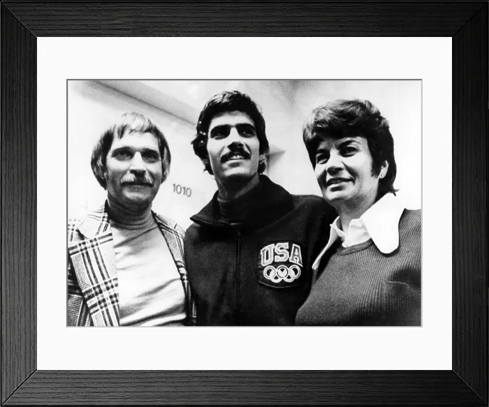Framed Print : Mark Spitz poses with parents after winning 7th Olympic Gold Medal, Munich, Germany, 09-04-1972.. Courtesy: CSU Archives  /  Everett Collection