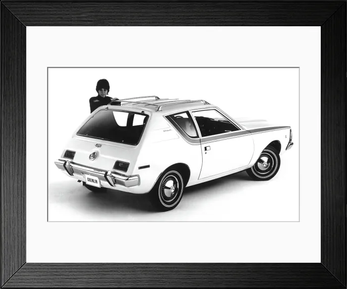 Framed Print : American Motors The Gremlin, the first US built two-door subcompact car, with a rear hatchback & lift-gate, created to compete with foreign imports, February 12, 1970