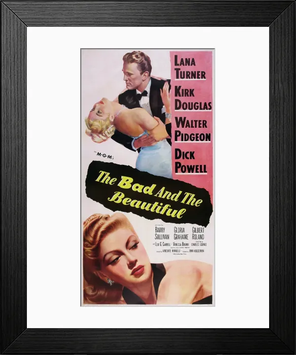 Framed Print : THE BAD AND THE BEAUTIFUL, top l-r: Lana Turner, Kirk Douglas, bottom: Lana Turner on poster art, 1952 Framed Print : THE BAD AND THE BEAUTIFUL, top l-r: Lana Turner, Kirk Douglas, bottom: Lana Turner on poster art, 1952