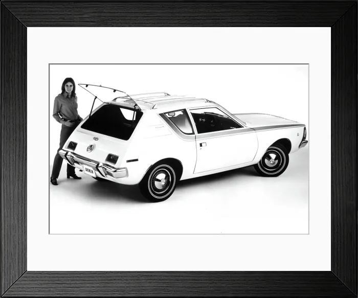 Framed Print : American Motors The Gremlin, the first US built two-door subcompact car, with a rear hatchback & lift-gate, created to compete with foreign imports, February 12, 1970