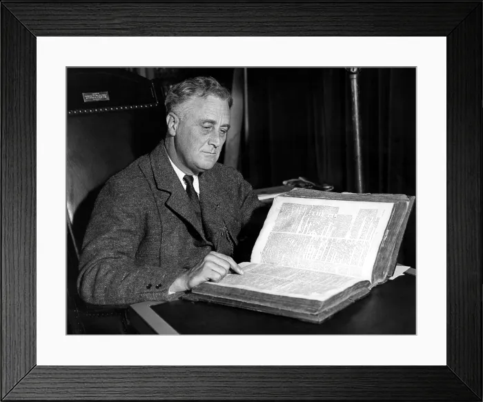 Framed Print : President Franklin Delano Roosevelt (1882-1945) 32nd President, with 263 year old family bible to be used for his oath of office, 2 / 27 / 33
