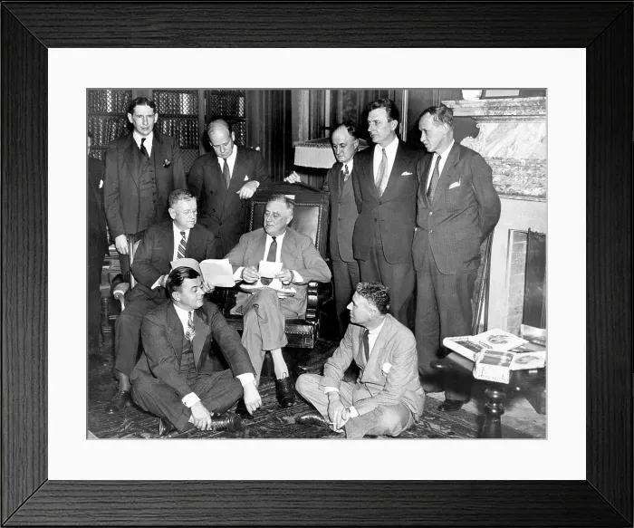 Framed Print : President Franklin D. Roosevelt, at work on the Works Relief Program. L-R, back: Charles West, Frank Walker, H. B Framed Print : President Franklin D. Roosevelt, at work on the Works Relief Program. L-R, back: Charles West, Frank Walker, H. B