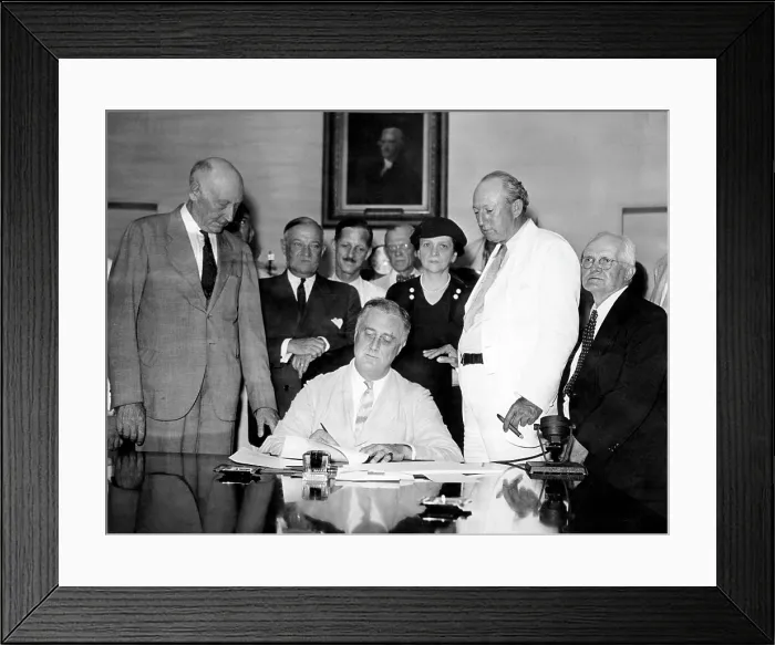 Framed Print : President Franklin D. Roosevelt signing the Social Security Bill, front, l-r: Robert Doughton, Senator Robert Wagner, President Franklin D