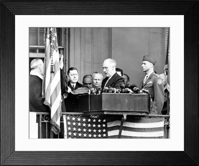Framed Print : President Franklin D. Roosevelt (1882-1945), is sworn into office for his fourth term. L-R: Edwin A. Halsey, Secretary of the Senate, Charles Elmore Cropley, Clerk of U.S
