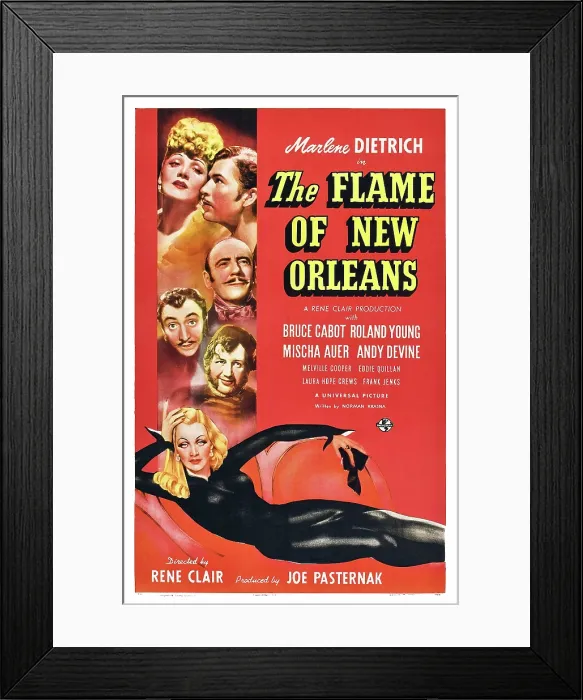 Framed Print : THE FLAME OF NEW ORLEANS, US poster, left from top: Marlene Dietrich, Bruce Cabot, Roland Young, Mischa Auer, Andy Devine, Marlene Dietrich, 1941 Framed Print : THE FLAME OF NEW ORLEANS, US poster, left from top: Marlene Dietrich, Bruce Cabot, Roland Young, Mischa Auer, Andy Devine, Marlene Dietrich, 1941