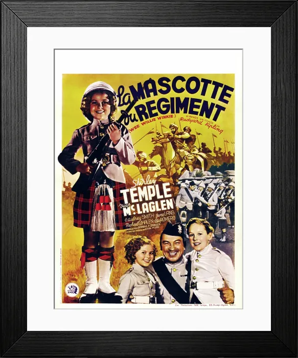 Framed Print : WEE WILLIE WINKIE, (aka LA MASCOTTE DU REGIMENT), top left: Shirley Temple, bottom right from left: Shirley Temple, Victor McLaglen, Douglas Scott on Belgian poster art, 1937