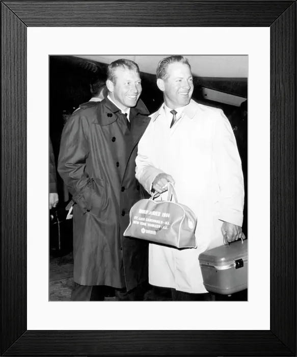 Framed Print : Mickey Mantle, and Whitey Ford, American baseball players for the New York Yankees, arrive at Kennedy International Airport, New York, April 11, 1966