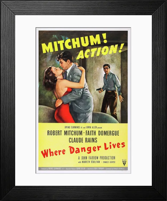 Framed Print : WHERE DANGER LIVES, US poster art, from left: Faith Domergue, Robert Mitchum, 1950