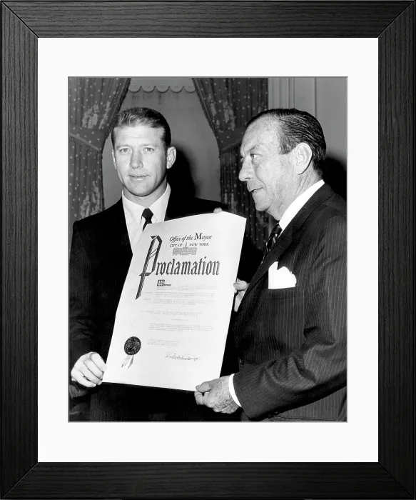 Framed Print : Mickey Mantle, and New York Mayor Robert F. Wagner. The New York Mayor is presenting a proclamation designating September 18th, 1956, as Mickey Mantle Day