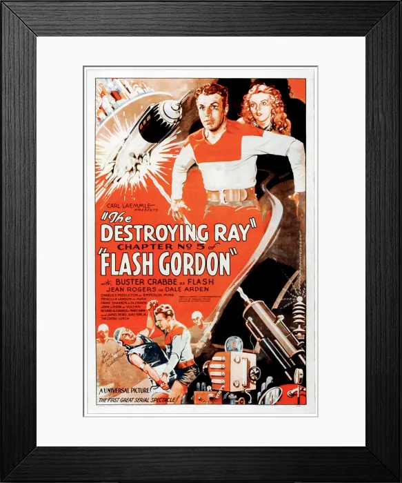 Framed Print : FLASH GORDON, top from left: Buster Crabbe, Jean Rogers, bottom right: Buster Crabbe in Chapter 5: The Destroying Ray, 1936