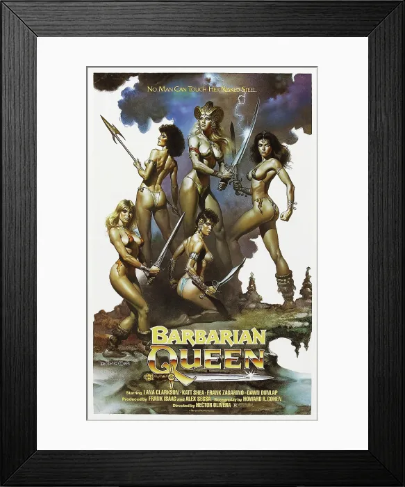Framed Print : BARBARIAN QUEEN, US poster, Lana Clarkson (center), featured in poster art illustrated by renown fantasy artist Boris Vallejo, 1985, Concorde Pictures / courtesy Everett Collection