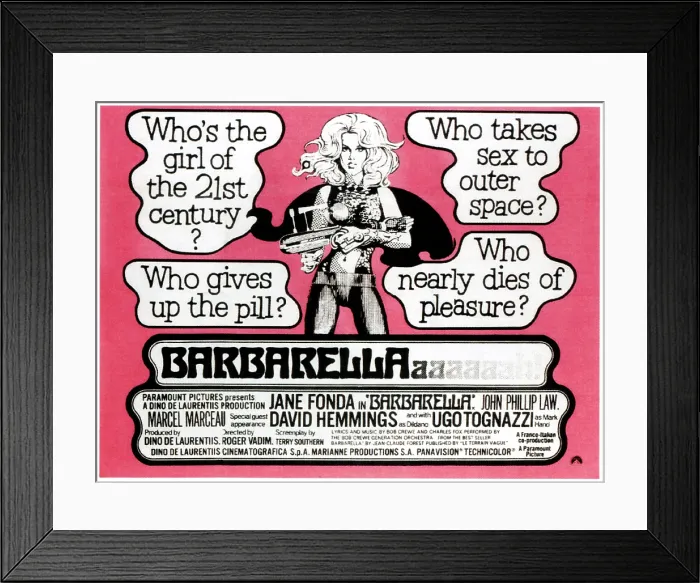 Framed Print : BARBARELLA, Jane Fonda on UK poster art, 1968 Framed Print : BARBARELLA, Jane Fonda on UK poster art, 1968